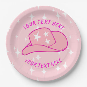 Personalized Modern Cowgirl Hat Starburst Pink Paper Plates