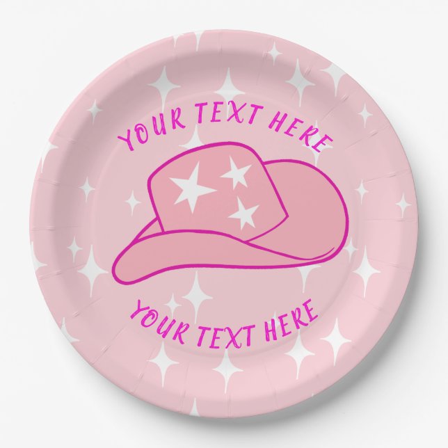 Personalized Modern Cowgirl Hat Starburst Pink Paper Plates (Front)