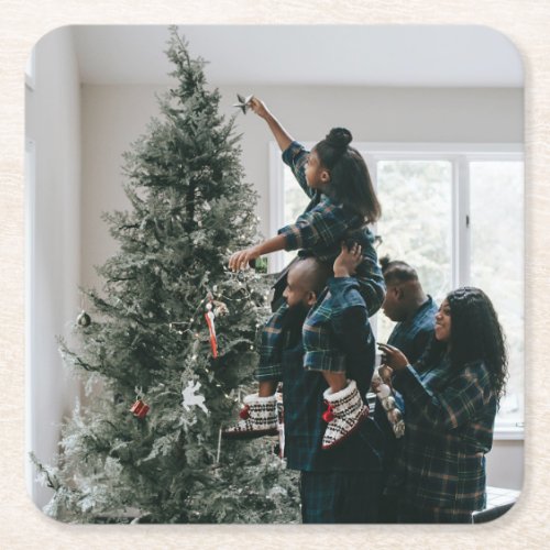 Personalized Modern Custom Christmas Family Photo  Square Paper Coaster