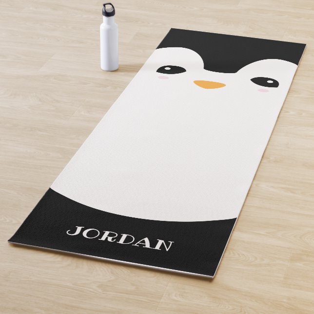 Personalized Modern Cute Black White Penguin Yoga Mat (In Situ)