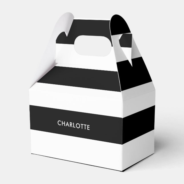 Personalized Modern Elegant Black and white stripe Favor Boxes (Front Side)