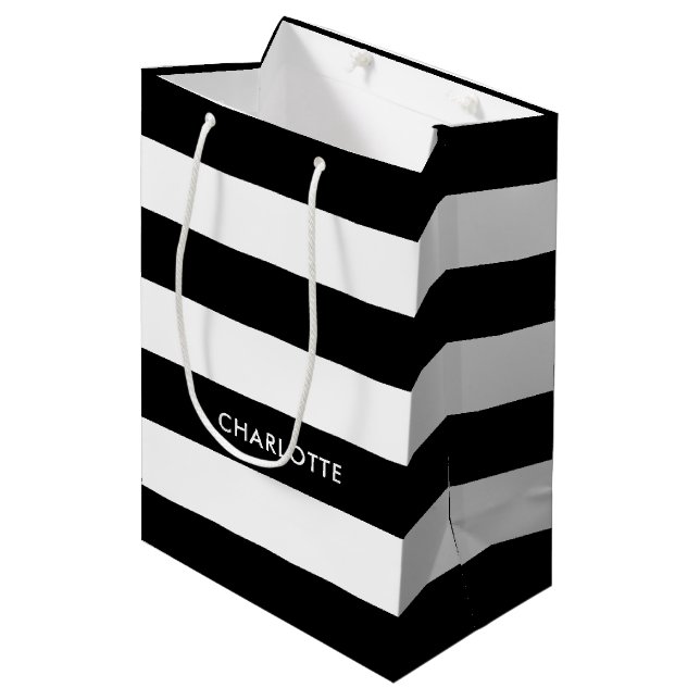 Personalized Modern Elegant Black and white stripe Medium Gift Bag (Front Angled)