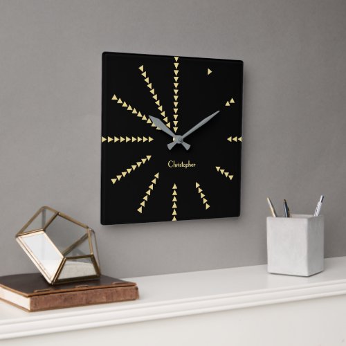 Personalized Modern Elegant Black Faux Gold Decor Square Wall Clock