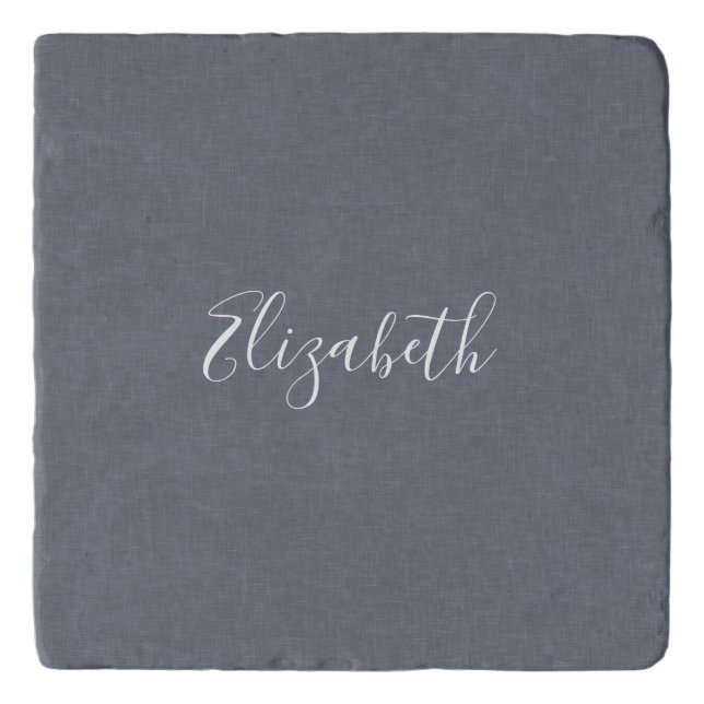Personalized Modern Elegant Blue Faux Linen Trivet (Front)