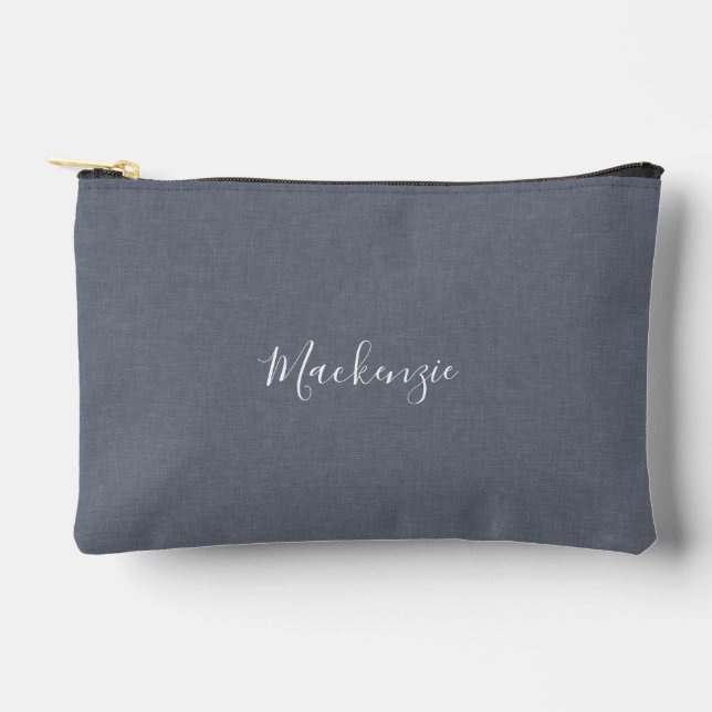 Personalized Modern Elegant Blue Gray Linen Accessory Pouch (Front)