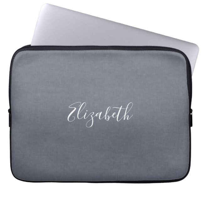 Personalized Modern Elegant Blue Gray Linen Laptop Sleeve (Front)
