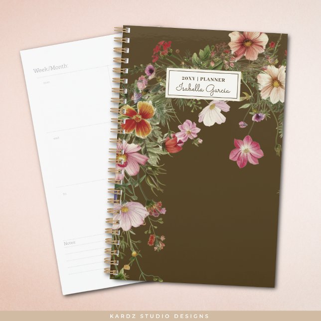 Personalized Modern Elegant Floral Planner (The front of small planner is shown, and a sample of an inside page. Choose small or standard size.)