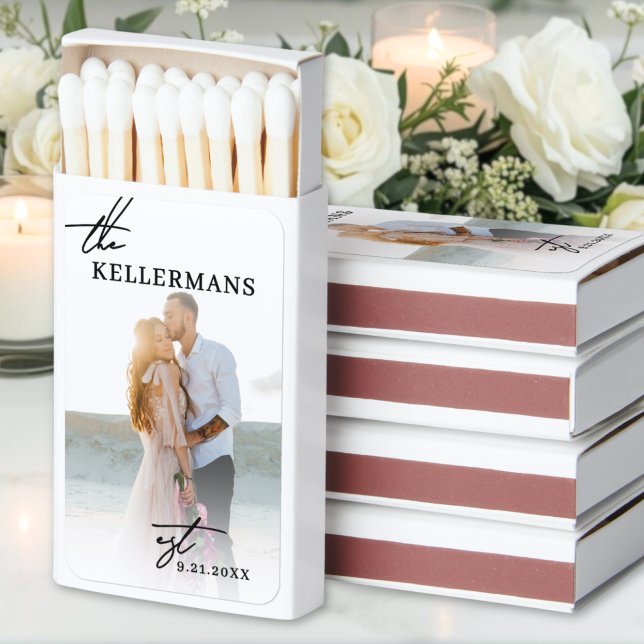 Personalized Modern Elegant Photo Wedding Matchboxes (Create Your Own Photo Just Married Wedding Matchboxes )
