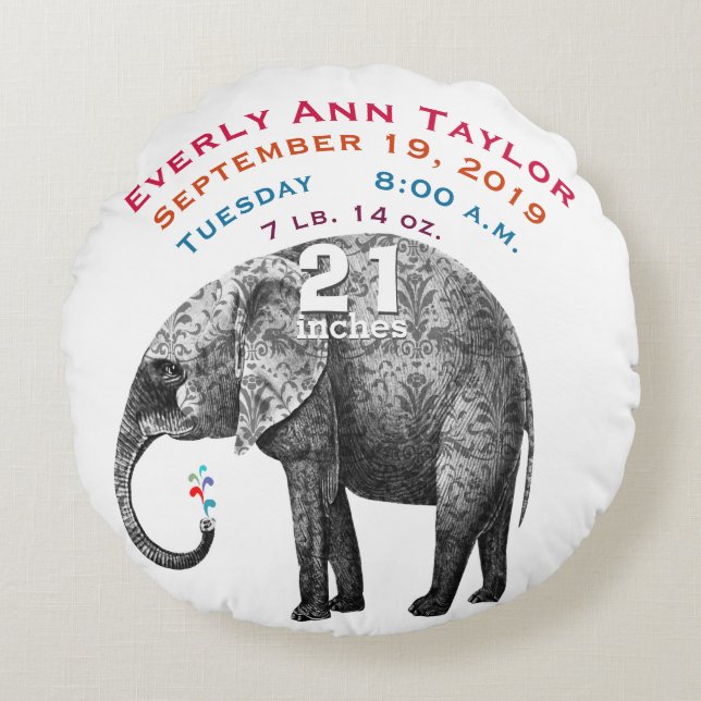 Personalized Modern Elephant Baby Nursery Round Pillow (Front)
