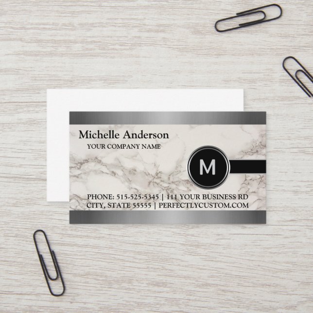 Personalized Modern Executive Gray Marble Monogram Business Card (Front/Back In Situ)