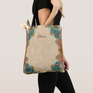 Personalized Modern Floral Beige Blue Orange Tote Bag