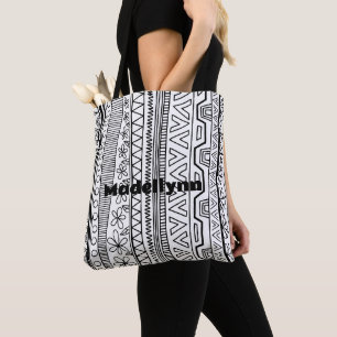 Personalized Modern Floral Black and White Pattern Tote Bag