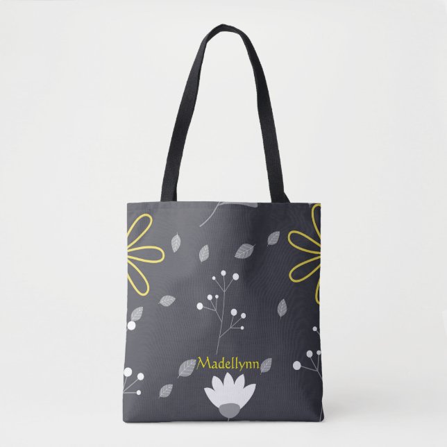 Personalized Modern Floral Black and Yellow Tote Bag (Front)