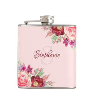 Personalized Modern Floral Burgundy Blush Monogram Flask