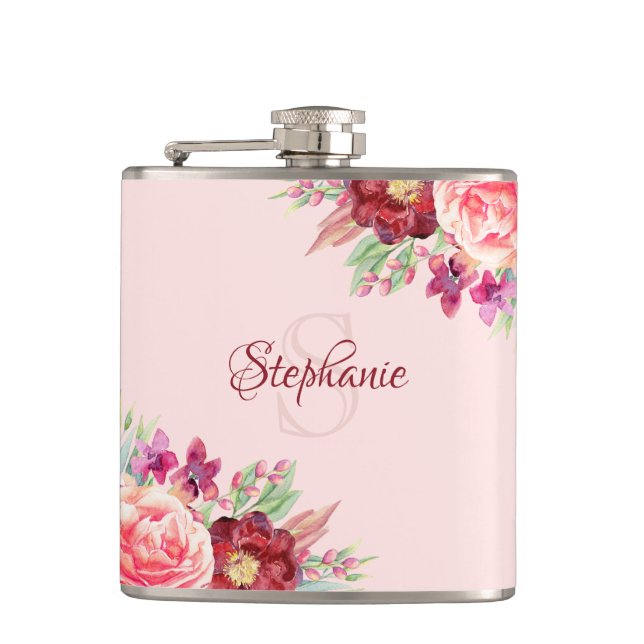 Personalized Modern Floral Burgundy Blush Monogram Flask (Front)