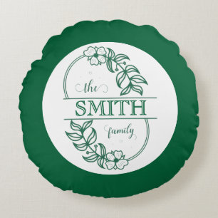  Personalized Modern Floral Family Name Monogram Round Pillow