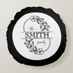  Personalized Modern Floral Family Name Monogram Round Pillow