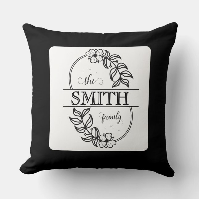  Personalized Modern Floral Family Name Monogram Throw Pillow (Front)