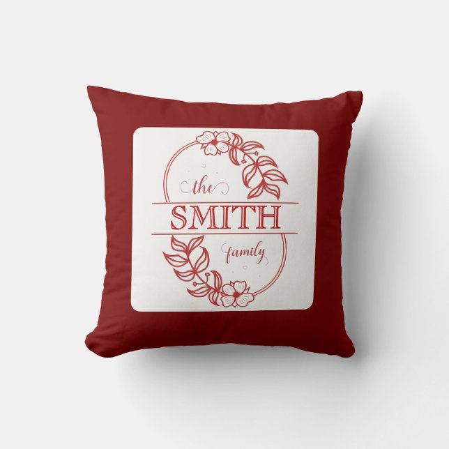  Personalized Modern Floral Family Name Monogram Throw Pillow (Front)