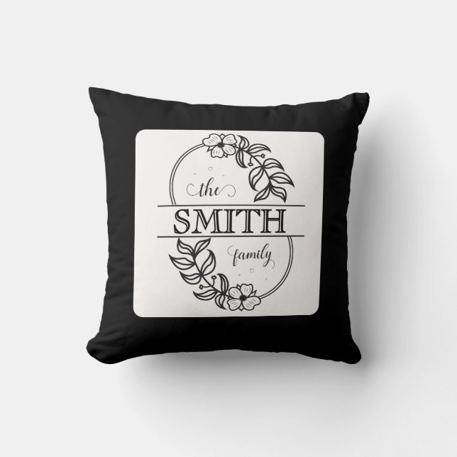  Personalized Modern Floral Family Name Monogram Throw Pillow (Front)