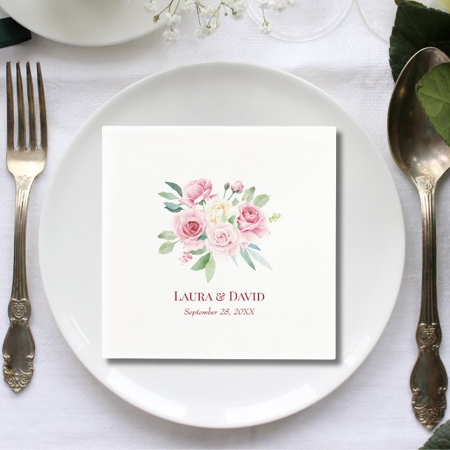 Personalized Modern Floral Rose Wedding Paper Napkins (Creator Uploaded)