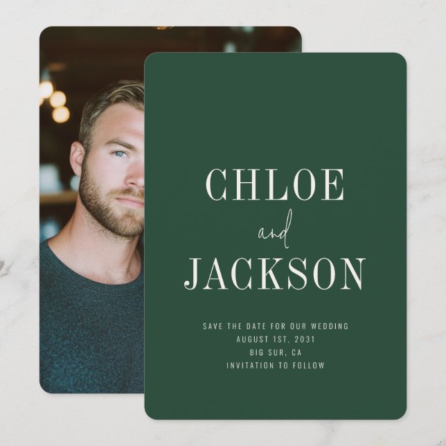 Personalized Modern Forest Green Photo Wedding Save The Date (Front/Back)