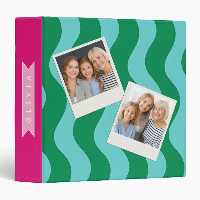 Personalized Modern Fun Green Wave Stripes Custom 3 Ring Binder (Front/Spine)