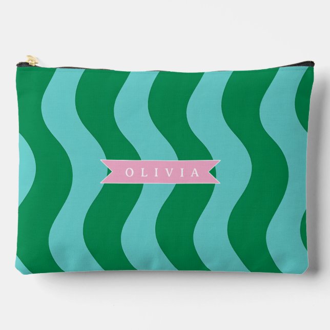 Personalized Modern Fun Green Wave Stripes Custom Accessory Pouch (Front)