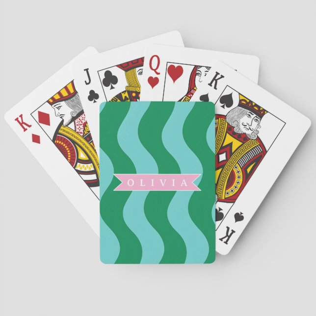 Personalized Modern Fun Green Wave Stripes Custom Poker Cards (Back)