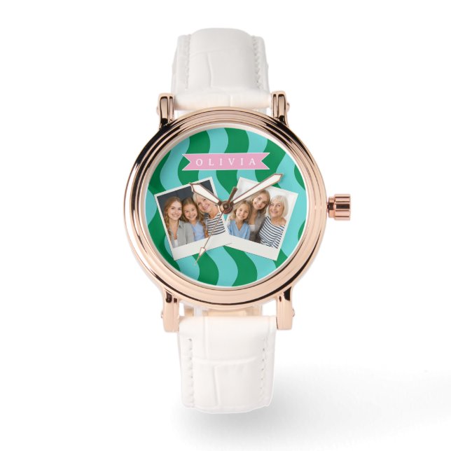 Personalized Modern Fun Green Wave Stripes Custom Watch (Front)