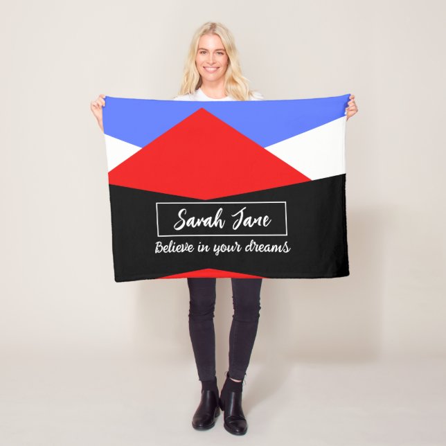 Personalized Modern Geometric Red & Blue Fleece Blanket (In Situ)