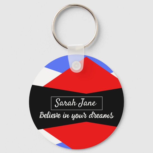 Personalized Modern Geometric Red & Blue Keychain (Front)