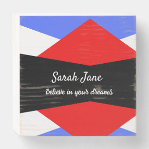 Personalized Modern Geometric Red & Blue Wooden Box Sign