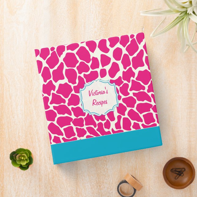 Personalized Modern Giraffe Pattern Pink Binder (In Situ)