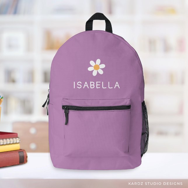 Personalized Modern Girly Purple Daisy Name Printed Backpack (Personalize this cute purple daisy backpack for your girl.)