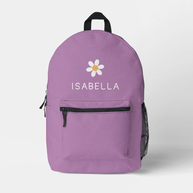 Personalized Modern Girly Purple Daisy Name Printed Backpack (Front)