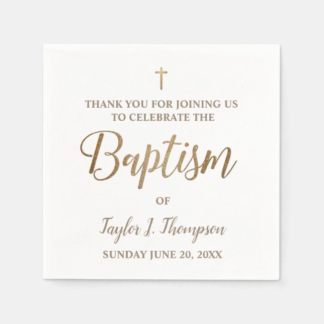 Personalized Modern gold and white baptism Napkins (Front)