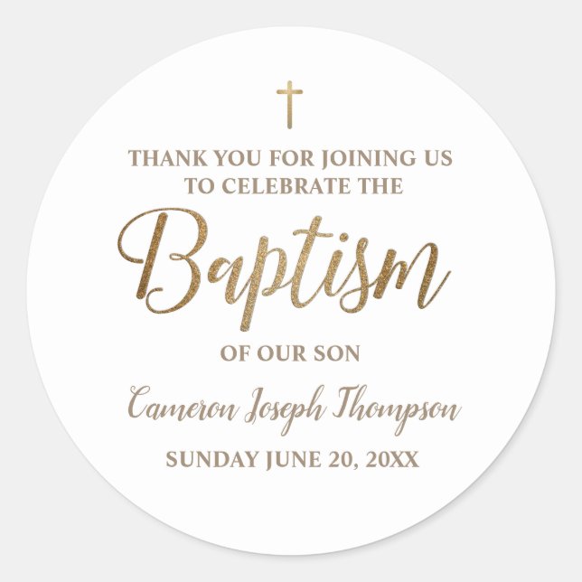 Personalized Modern Gold Baby baptism thank you Classic Round Sticker (Front)