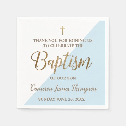 Personalized Modern gold blue and white baptism Napkins