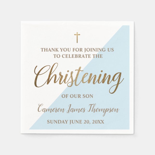 Personalized Modern gold blue Boy Christening Napkins (Front)