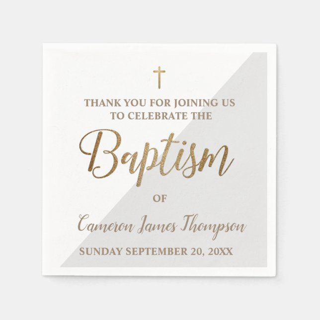 Personalized Modern gold GREY and white baptism Napkins (Front)