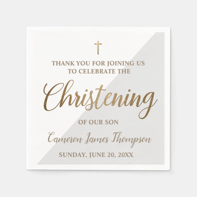 Personalized Modern gold Grey Boy Christening Napkins (Front)