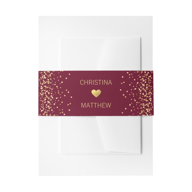 Personalized Modern Gold HEART Burgundy Wedding Invitation Belly Band (Front Example)