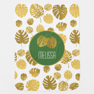 Personalized Modern Gold Leaves Pattern Baby Blanket