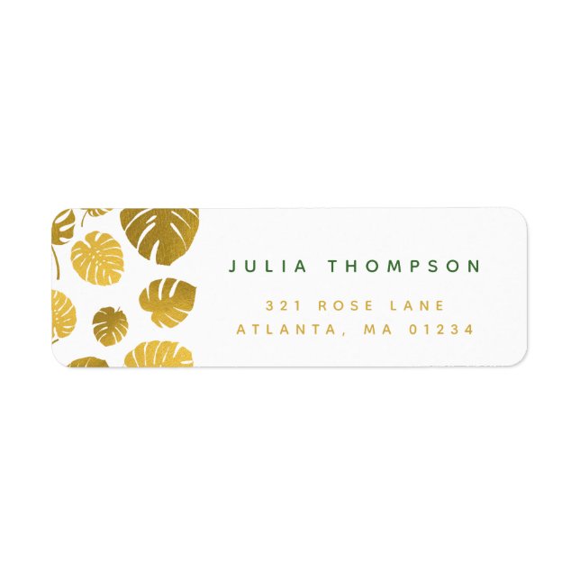 Personalized Modern Gold Monstera Leaves Pattern  Label (Front)