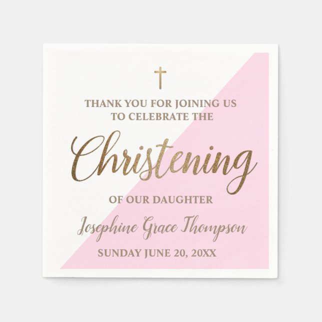 Personalized Modern gold pink girl Christening Napkins (Front)