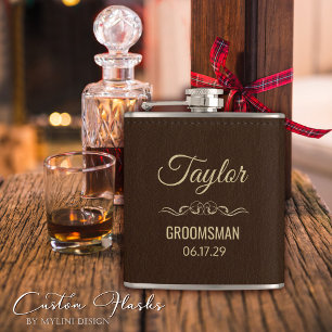 Personalized Modern Gold Script of Brown Leather Flask