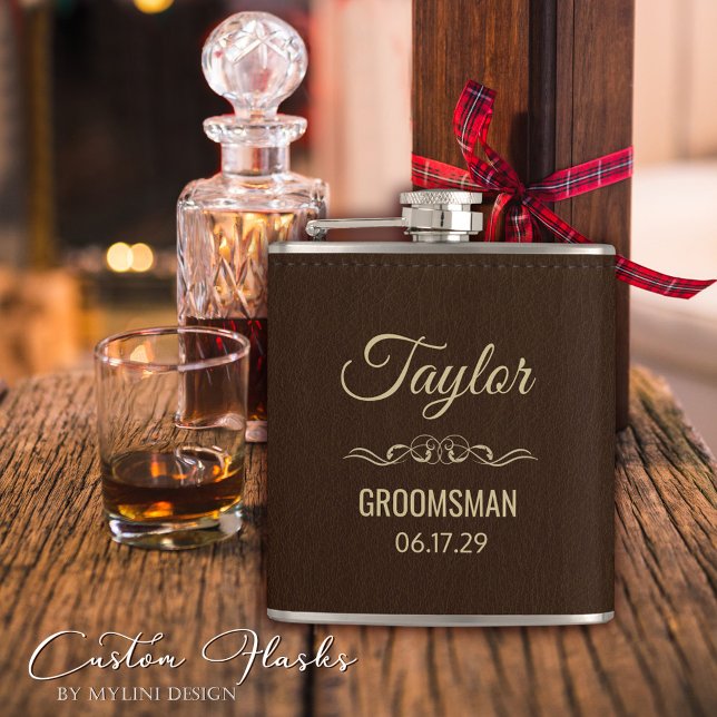 Personalized Modern Gold Script of Brown Leather Flask (Creator Uploaded)