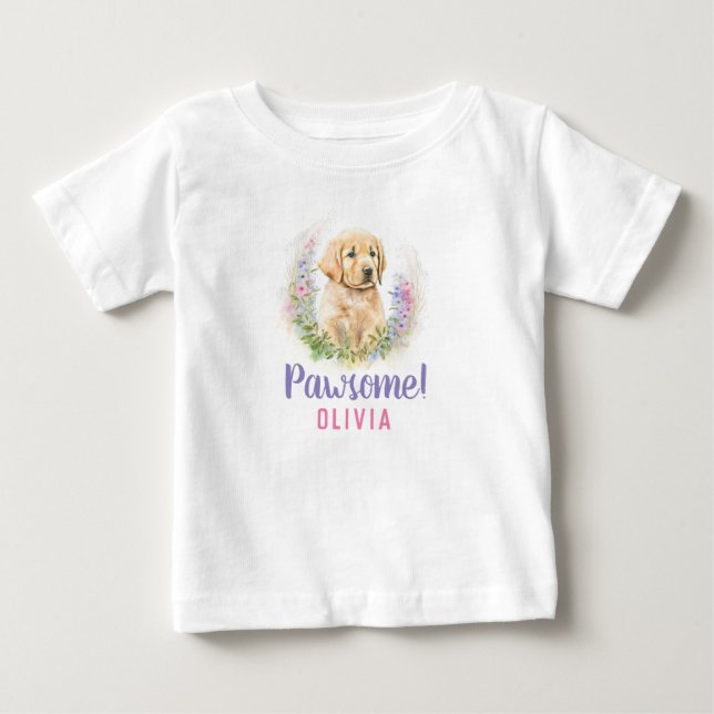 Personalized Modern Golden Retriever Puppy Dog  Baby T-Shirt (Front)