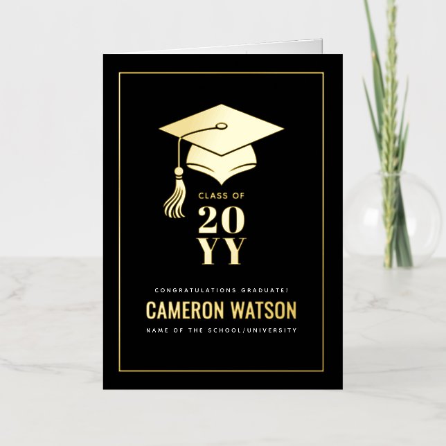 Personalized Modern Grad Hat and Tassel Graduation Foil Greeting Card (Front)